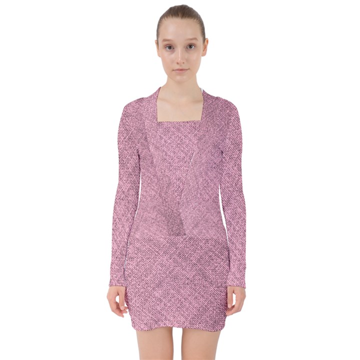 Pink Fabric Texture, Knitted Pink Texture, V-neck Bodycon Long Sleeve Dress