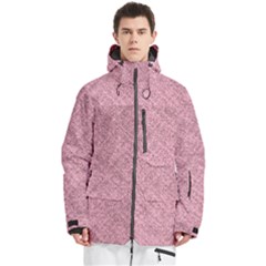 Pink Fabric Texture, Knitted Pink Texture, Men s Multi Pockets Zip Ski And Snowboard Waterproof Breathable Jacket by kyorashop23