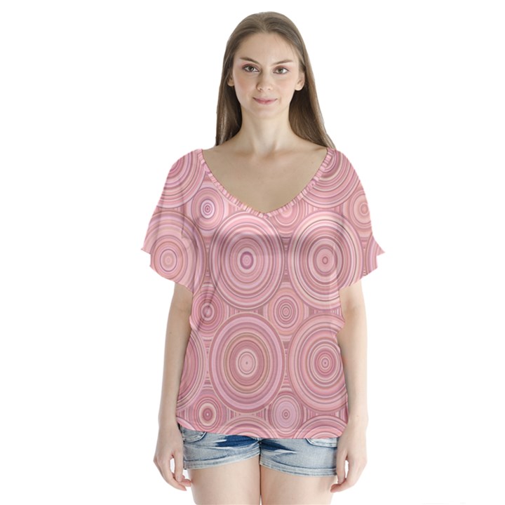 Pink Retro Texture With Circles, Retro Circles Background, V-Neck Flutter Sleeve Top