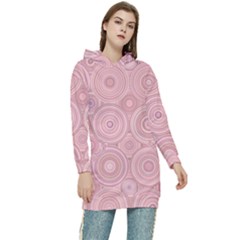 Pink Retro Texture With Circles, Retro Circles Background, Women s Long Oversized Pullover Hoodie