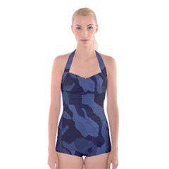 Purple Camo Boyleg Halter Swimsuit 