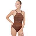 Seamless Wooden Planks Brown Wooden Background High Neck One Piece Swimsuit View1