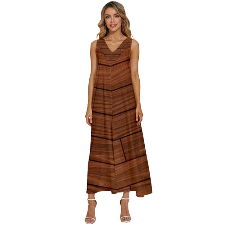 Seamless Wooden Planks Brown Wooden Background V-Neck Sleeveless Wide Leg Pants Overalls