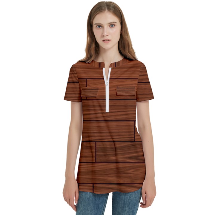 Seamless Wooden Planks Brown Wooden Background Women s Zip Front V-Neck Short Sleeve Casual Top Pocket Shirt