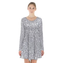 Silver Glitter Texture, Light Creative Background Long Sleeve Velvet V-neck Dress