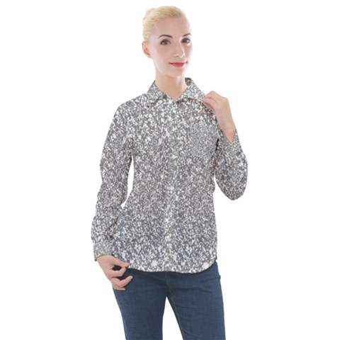 Silver Glitter Texture, Light Creative Background Women s Long Sleeve Pocket Shirt by kyorashop23