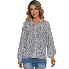 Silver Glitter Texture, Light Creative Background Women s Long Sleeve Button Up Shirt