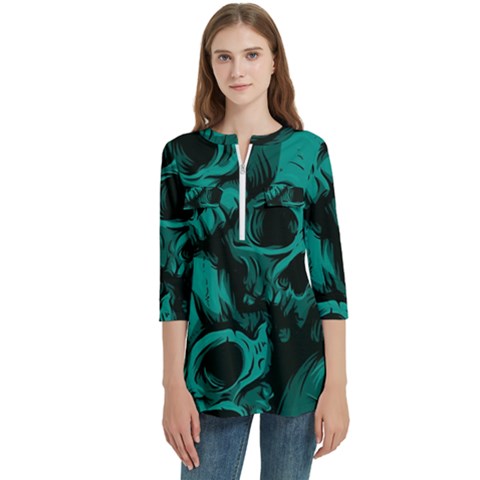 Skulls Women s Zip Front V-neck 3/4 Sleeve Casual Top Pocket Shirt by kyorashop23