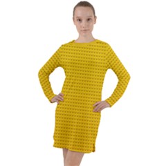 Yellow Lego Texture, Macro, Yellow Dots Background Long Sleeve Hoodie Dress