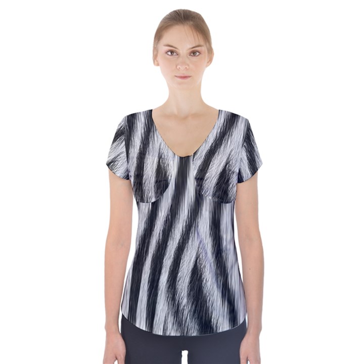 Zebra Texture, Zebra Wool, White Black Background Short Sleeve Front Detail Top