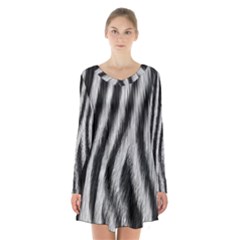 Zebra Texture, Zebra Wool, White Black Background Long Sleeve Velvet V-neck Dress