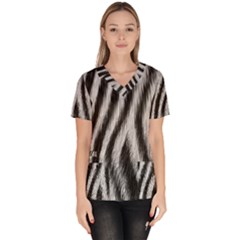 Zebra Texture, Zebra Wool, White Black Background Women s V-neck Scrub Top by kyorashop23