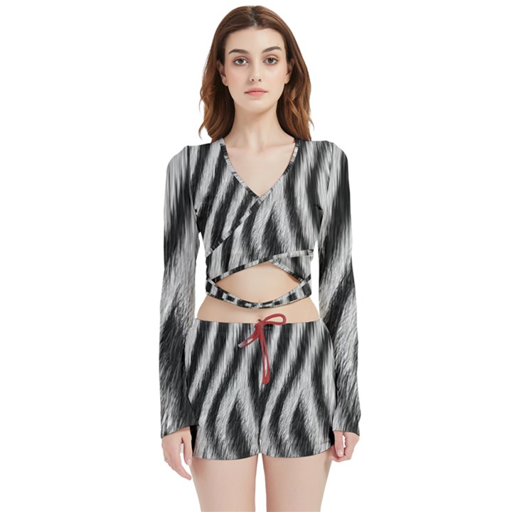 Zebra Texture, Zebra Wool, White Black Background Velvet Wrap Crop Top and Shorts Set