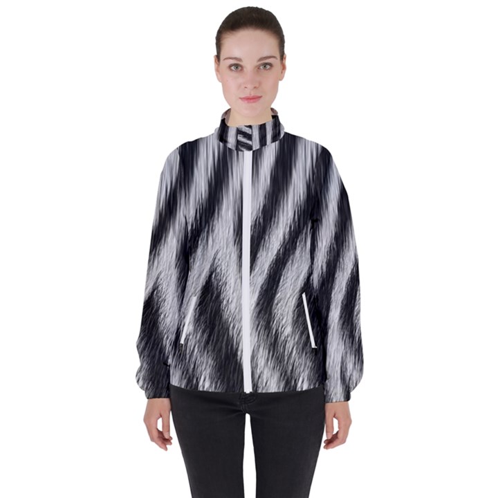 Zebra Texture, Zebra Wool, White Black Background Women s High Neck Windbreaker