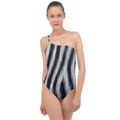 Zebra Texture, Zebra Wool, White Black Background Classic One Shoulder Swimsuit by kyorashop23