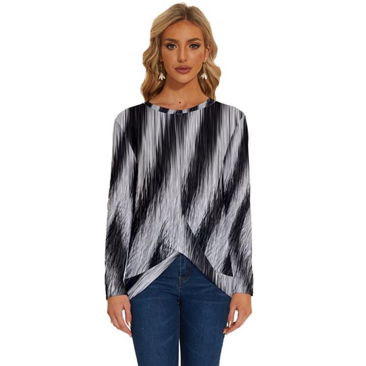 Zebra Texture, Zebra Wool, White Black Background Long Sleeve Crew Neck Pullover Top