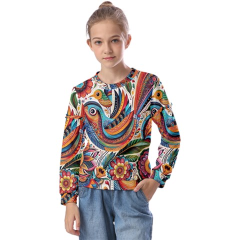 Madhubani Art A Kids  Long Sleeve T-shirt With Frill  by BellaVistaTshirt02