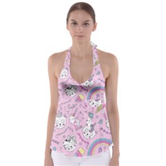 Beautiful Cute Animals Pattern Pink Tie Back Tankini Top