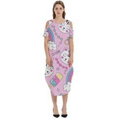 Beautiful Cute Animals Pattern Pink Cold Shoulder Loose Fit Dress With Pockets by Grandong