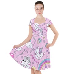 Beautiful Cute Animals Pattern Pink Cap Sleeve Midi Dress With Pockets by Grandong