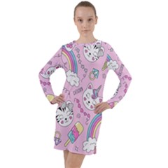 Beautiful Cute Animals Pattern Pink Long Sleeve Hoodie Dress