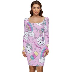 Beautiful Cute Animals Pattern Pink Women Long Sleeve Ruched Stretch Jersey Dress by Grandong