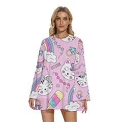 Beautiful Cute Animals Pattern Pink Round Neck Long Sleeve Bohemian Style Chiffon Mini Dress by Grandong