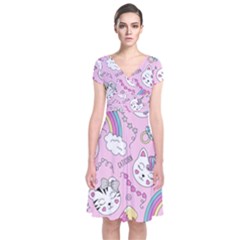 Beautiful Cute Animals Pattern Pink Short Sleeve Front Wrap Dress by Grandong