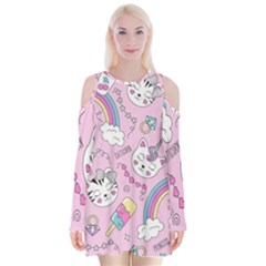 Beautiful Cute Animals Pattern Pink Velvet Long Sleeve Shoulder Cutout Dress