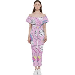 Beautiful Cute Animals Pattern Pink Bardot Ruffle Jumpsuit by Grandong