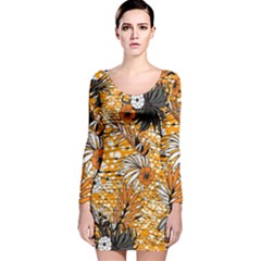 Leaf Yellow Point Flower White Long Sleeve Velvet Bodycon Dress