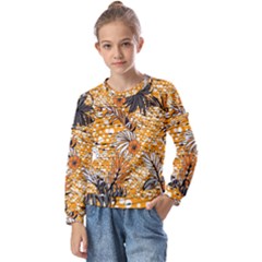 Leaf Yellow Point Flower White Kids  Long Sleeve T-shirt With Frill 