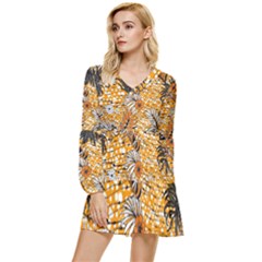 Leaf Yellow Point Flower White Tiered Long Sleeve Mini Dress by Grandong