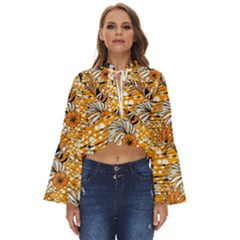 Leaf Yellow Point Flower White Boho Long Bell Sleeve Top