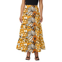 Leaf Yellow Point Flower White Tiered Ruffle Maxi Skirt by Grandong