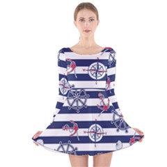 Seamless Marine Pattern Long Sleeve Velvet Skater Dress