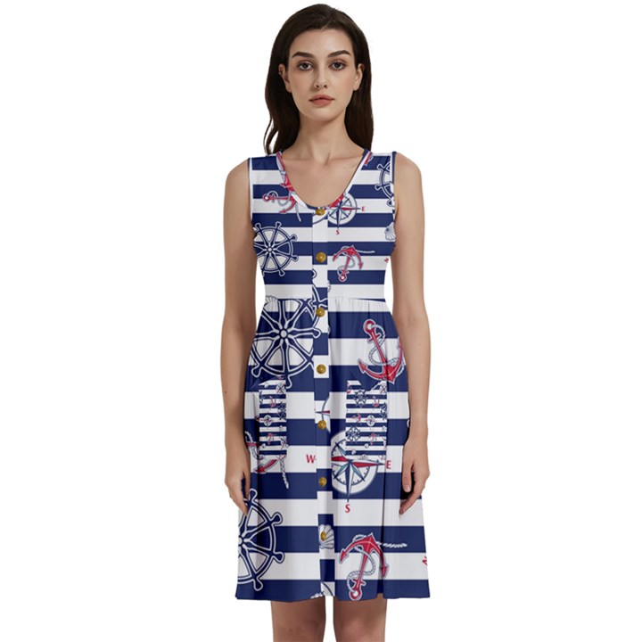 Seamless Marine Pattern Sleeveless Dress With Pocket