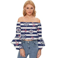 Seamless Marine Pattern Off Shoulder Flutter Bell Sleeve Top