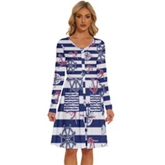 Seamless Marine Pattern Long Sleeve Dress With Pocket