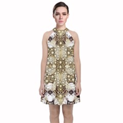 Opulent Essence Print Velvet Halter Neckline Dress 