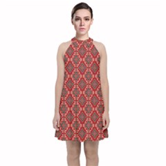 Illustrations Ajrak Abstract Design Pattern Velvet Halter Neckline Dress 