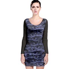 Aliens Entrails – Dark Blue Print Pattern Design Long Sleeve Bodycon Dress