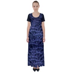 Aliens Entrails – Dark Blue Print Pattern Design High Waist Short Sleeve Maxi Dress