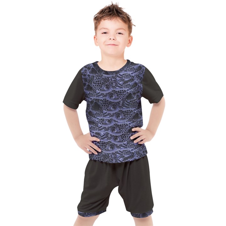 Aliens Entrails – Dark Blue Print Pattern Design Kids  T-Shirt and Shorts Set