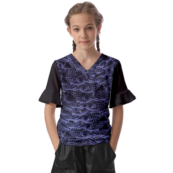 Aliens Entrails – Dark Blue Print Pattern Design Kids  V-Neck Horn Sleeve Blouse