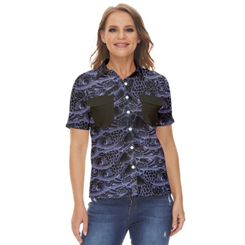 Aliens Entrails ¨c Dark Blue Print Pattern Design Women s Short Sleeve Double Pocket Shirt by dflcprintsclothing