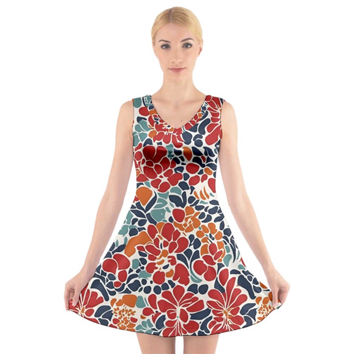 Colorfuleclecticfloralpattern V-Neck Sleeveless Dress