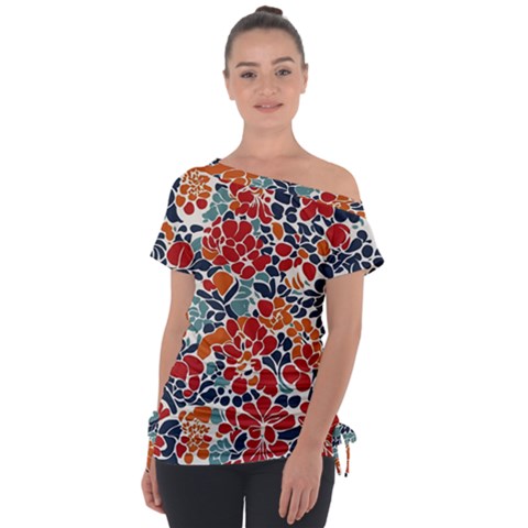 Colorfuleclecticfloralpattern Off Shoulder Tie-up T-shirt by BellaVistaTshirt02