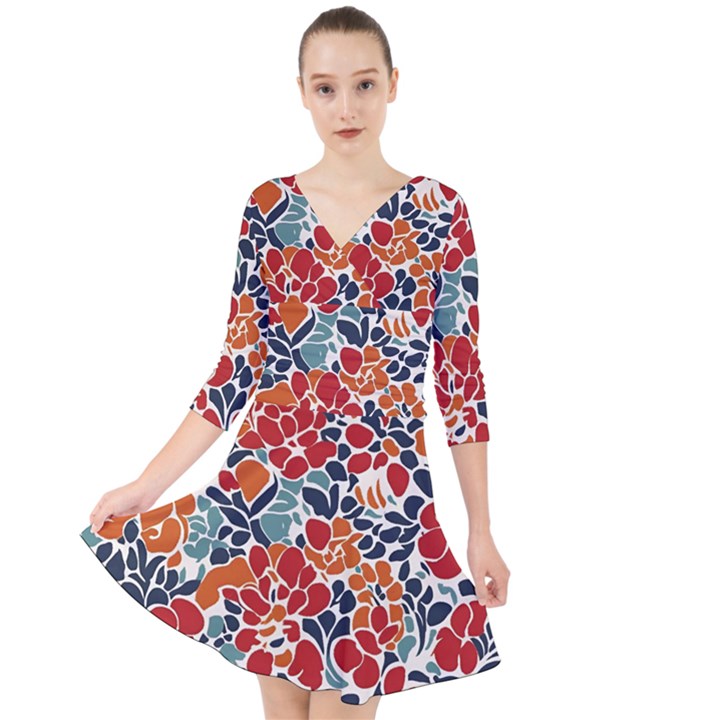 Colorfuleclecticfloralpattern Quarter Sleeve Front Wrap Dress