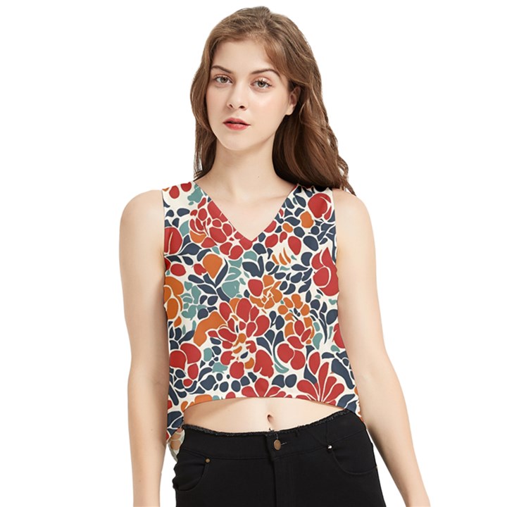 Colorfuleclecticfloralpattern V-Neck Cropped Tank Top